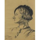 W S Moore - Portrait of a young lady wearing a beret, signed charcoal, framed and glazed, 38.5cm x