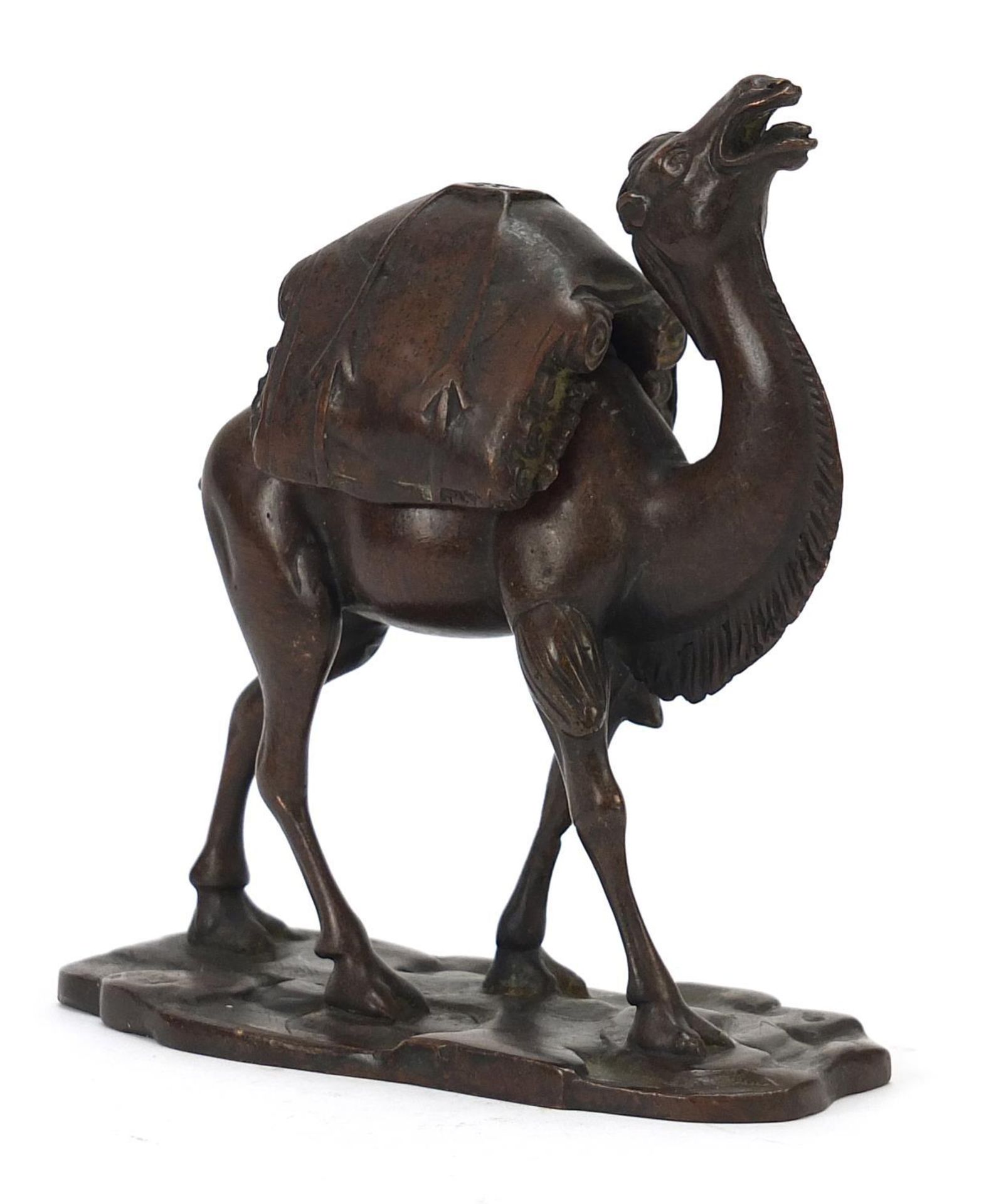 Japanese patinated bronze camel incense burner, character marks to the base, 14.5cm high :