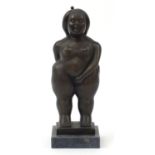 Patinated bronze study of a semi nude female in the style Ferdinand Botero raised on a square marble