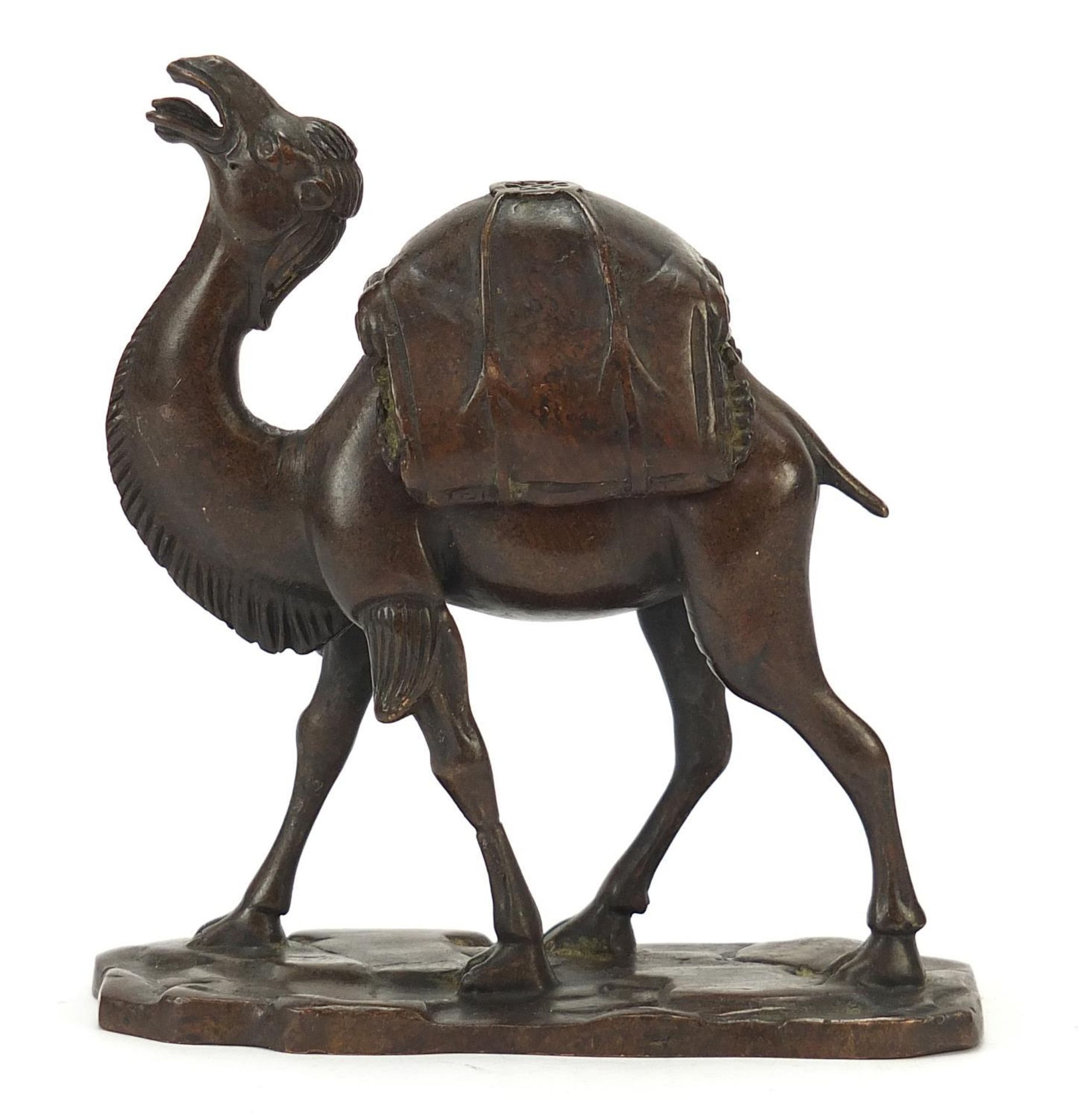 Japanese patinated bronze camel incense burner, character marks to the base, 14.5cm high : - Image 3 of 9