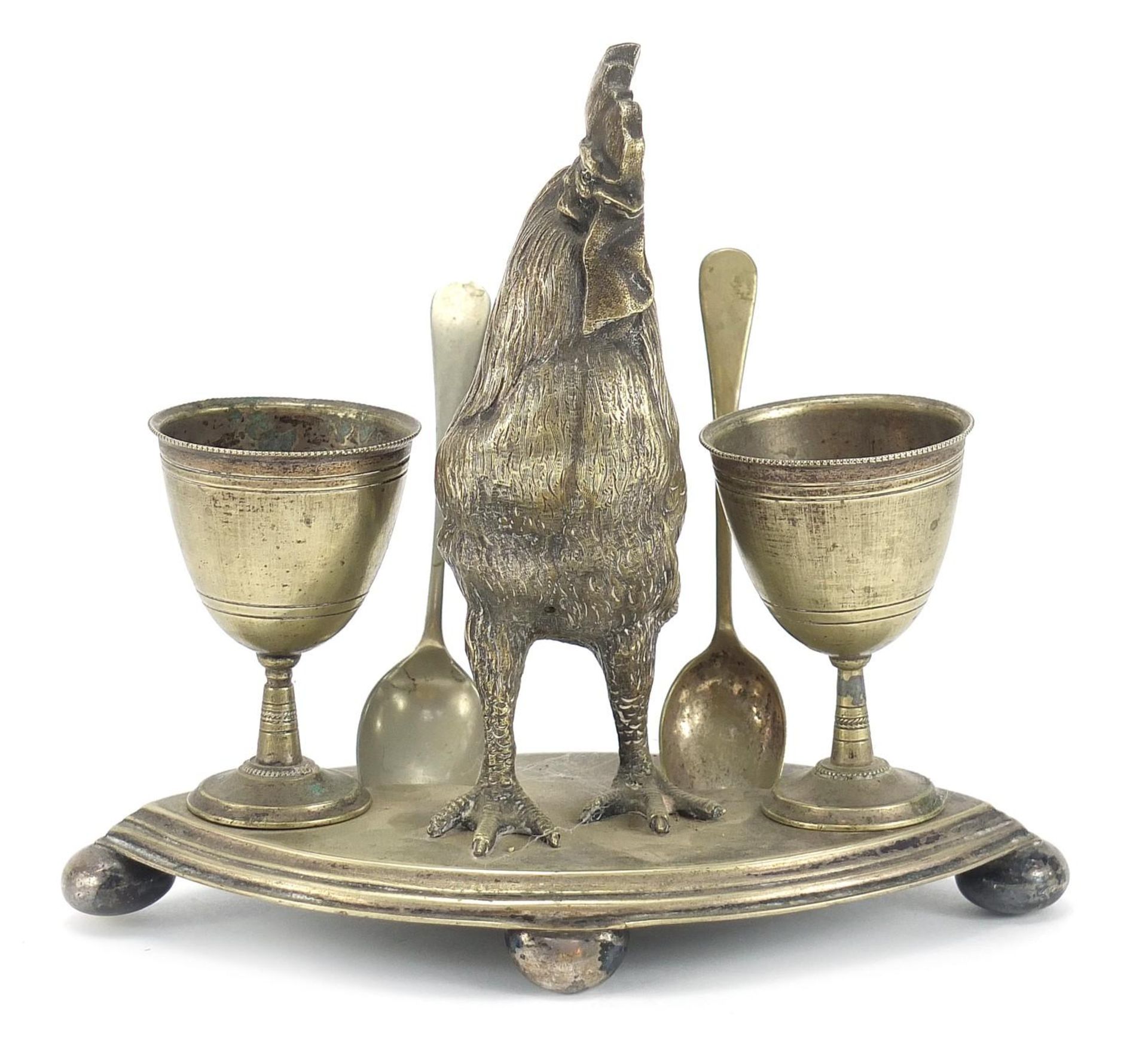 Novelty silver plated cockerel design egg cup stand with spoons, 16cm high :
