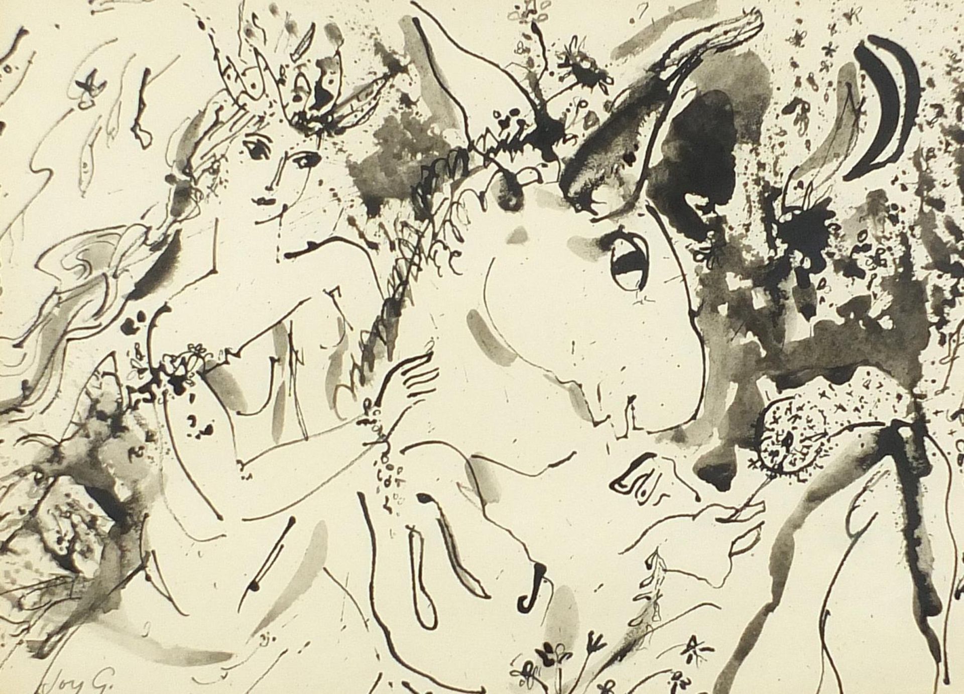 Joy Griffiths - Titania & Bottom, Midsummer Night's Dream, ink, inscribed label verso, mounted,