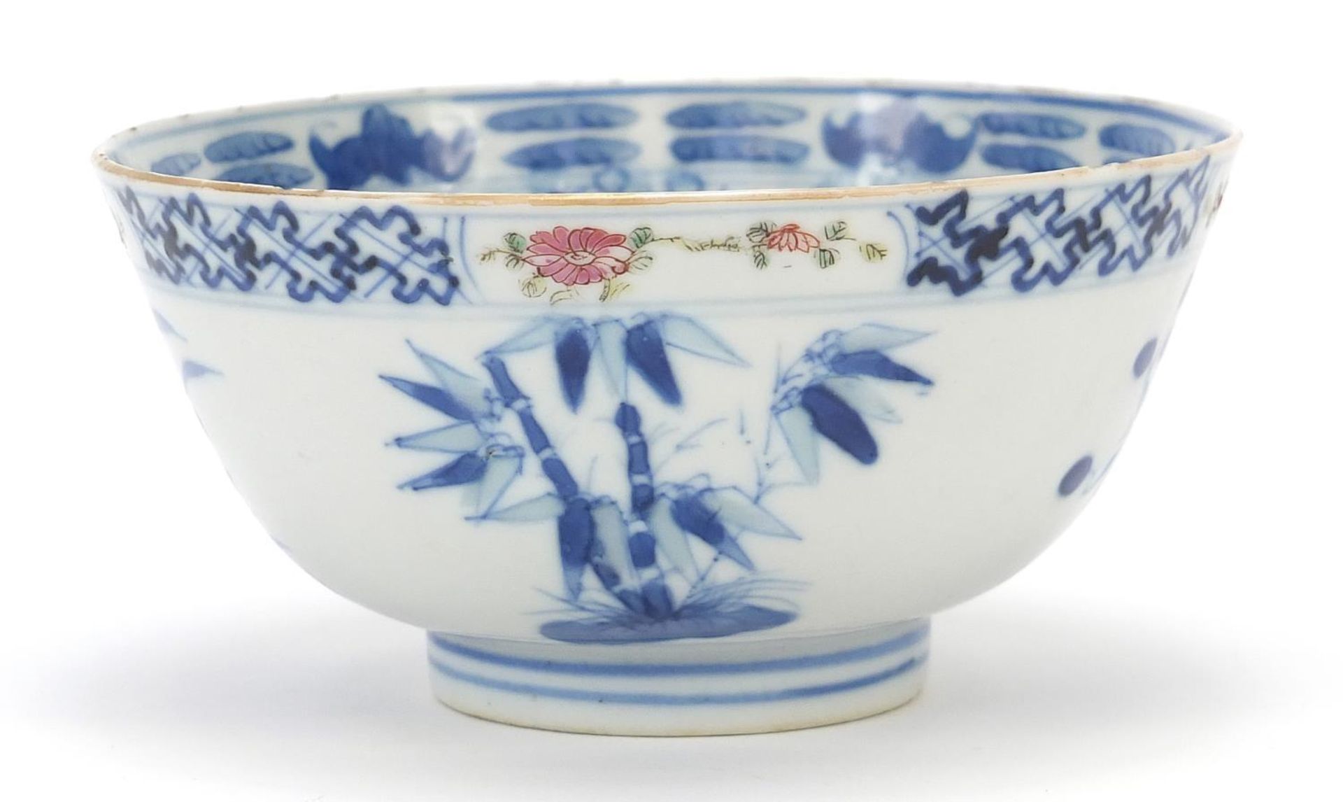 Chinese blue and white porcelain bowl hand painted in the famille rose palette with flowers, six - Image 3 of 8