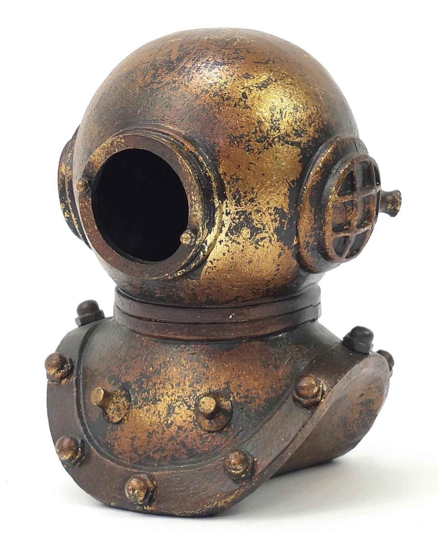 Bronzed resin diver's helmet, 21cm high :