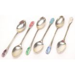 Walker & Hall, set of six silver and enamel teaspoons, Birmingham 1950, 9.5cm in length, 40.0g :