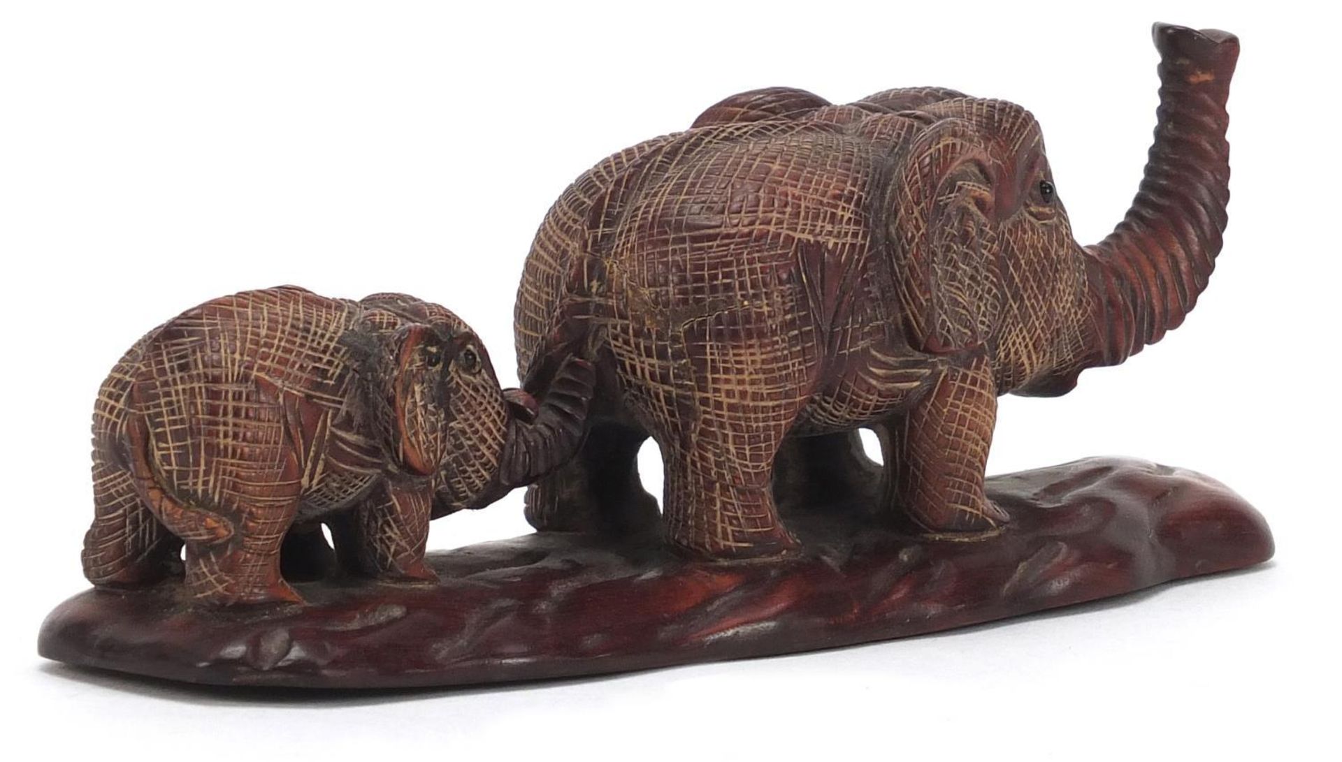 Japanese carved wood okimono of two elephants, inset mother of pearl plaque with character marks - Image 6 of 9