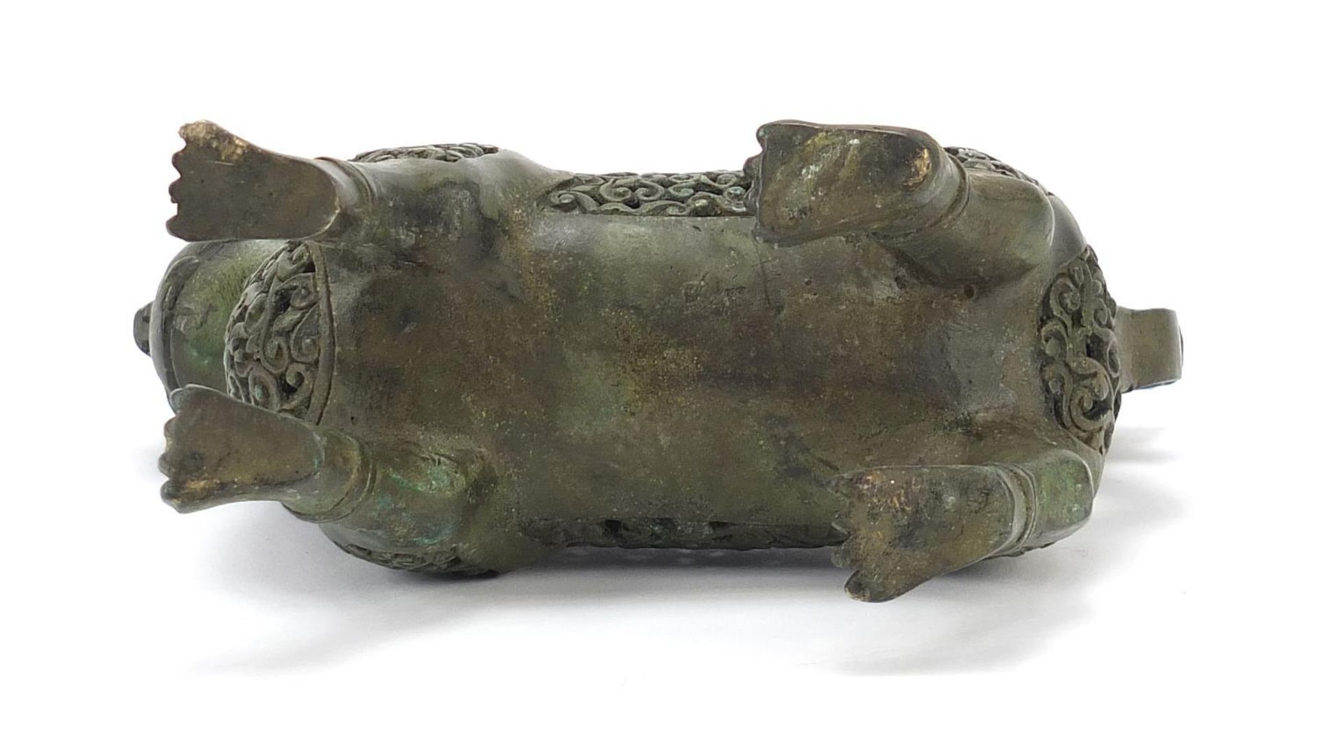 Islamic Verdigris bronze mythical animal incense burner with articulated head, 18cm in length : - Image 8 of 8