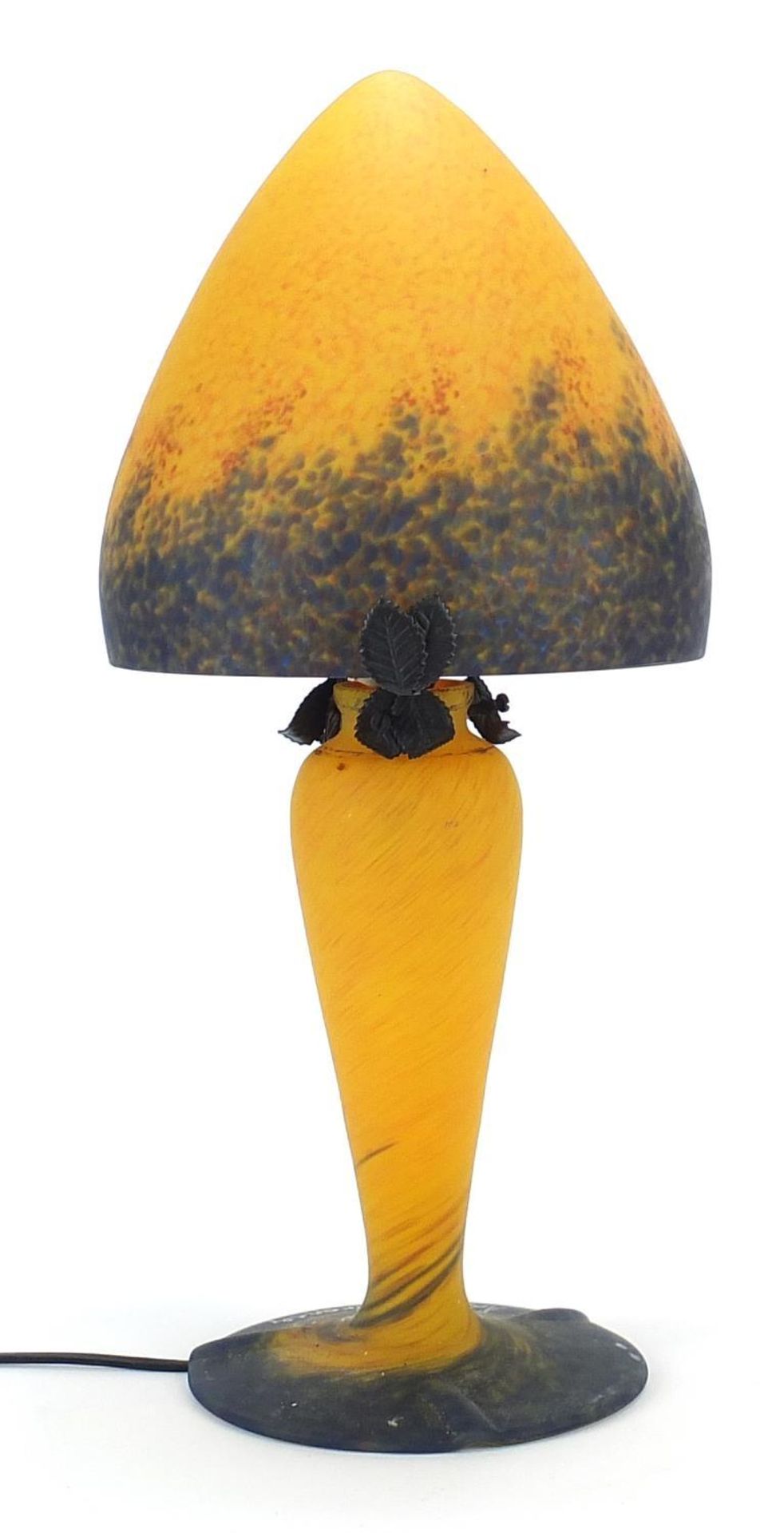 French mottled orange art glass mushroom table lamp with shade, 45.5cm high : - Image 2 of 3