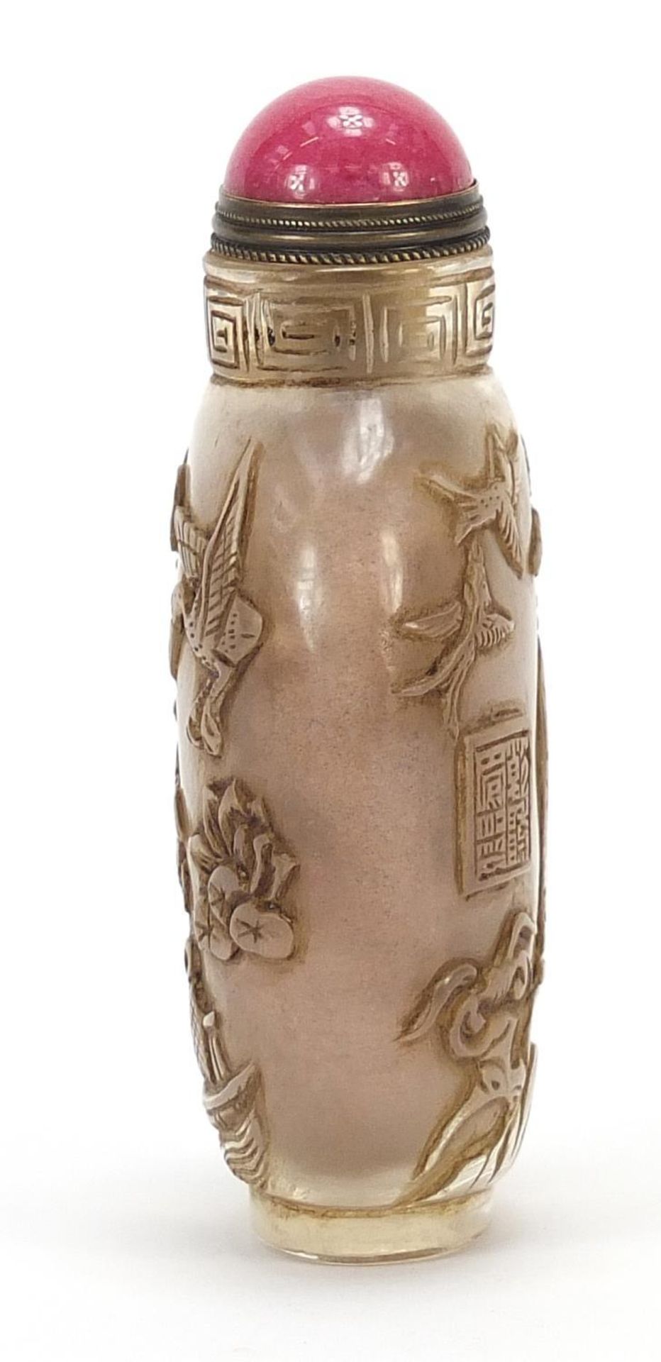 Chinese rock crystal snuff bottle with hardstone stopper carved with figures and birds, 9.5cm high : - Image 4 of 6