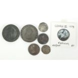 Hammered and later British coinage, some silver, including two Edward I pennies and George III