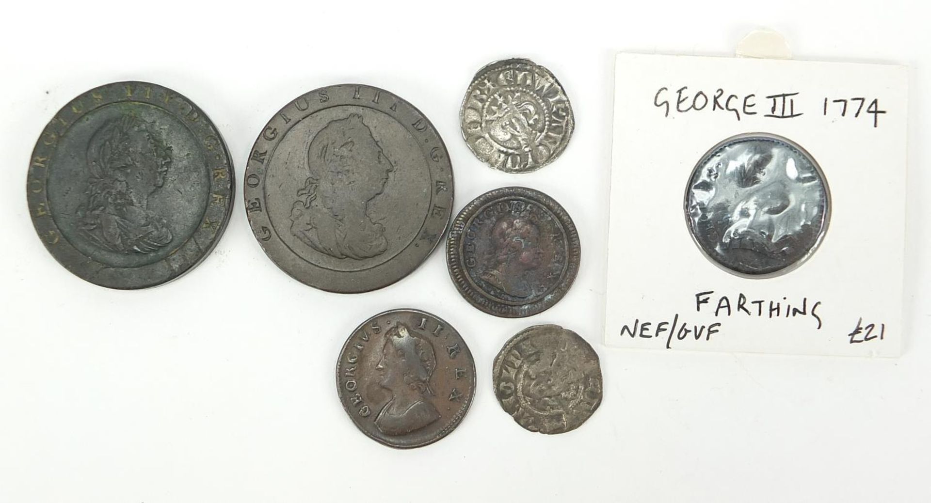Hammered and later British coinage, some silver, including two Edward I pennies and George III