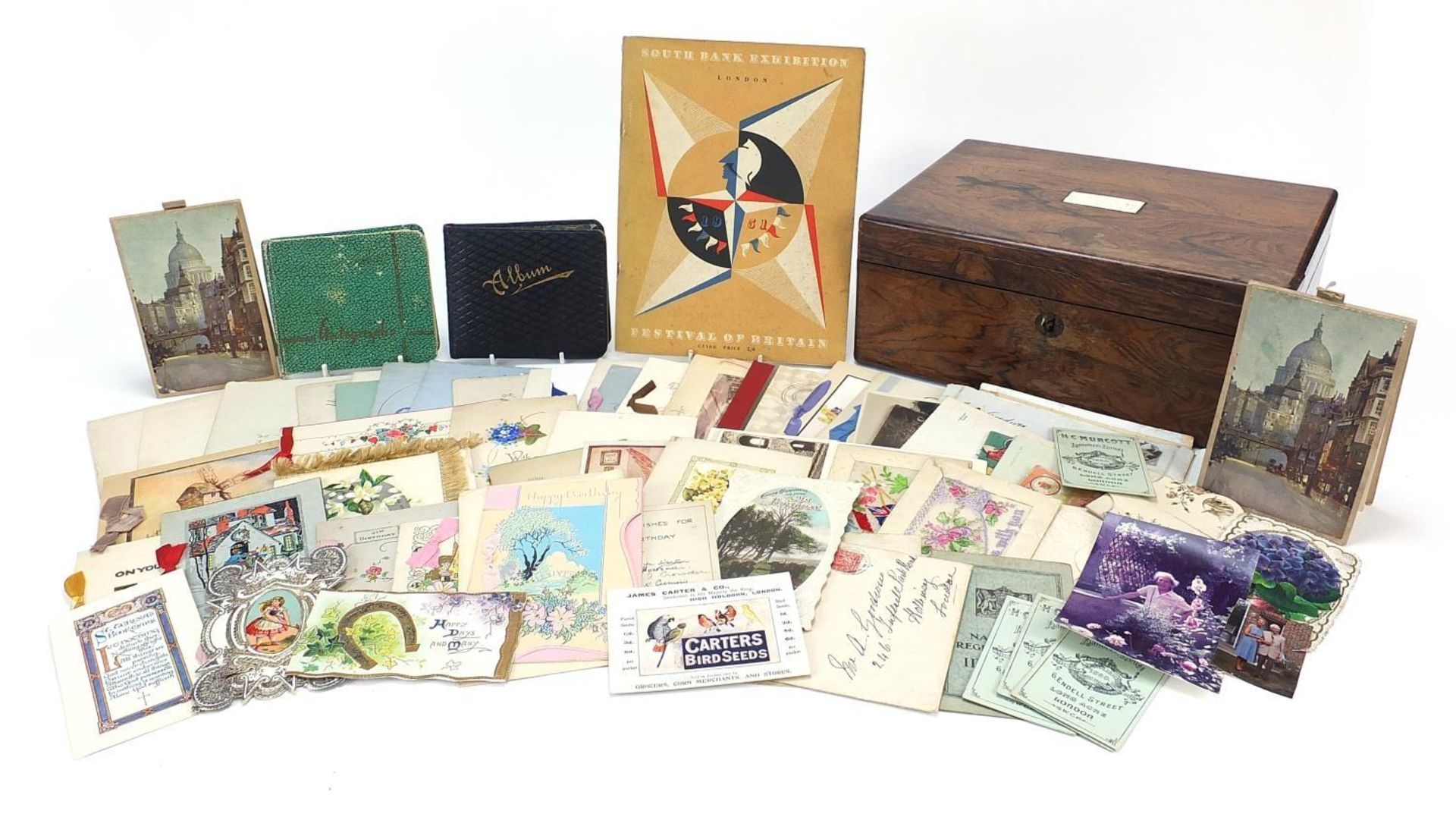Collection of Victorian and later ephemera housed in a rosewood box including an album with