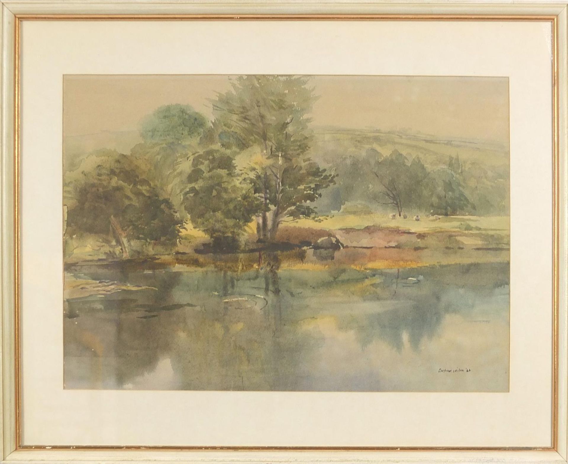 Arthur Miles - Landscape with river, watercolour, mounted, framed and glazed, 49.5cm x 35cm - Image 2 of 4