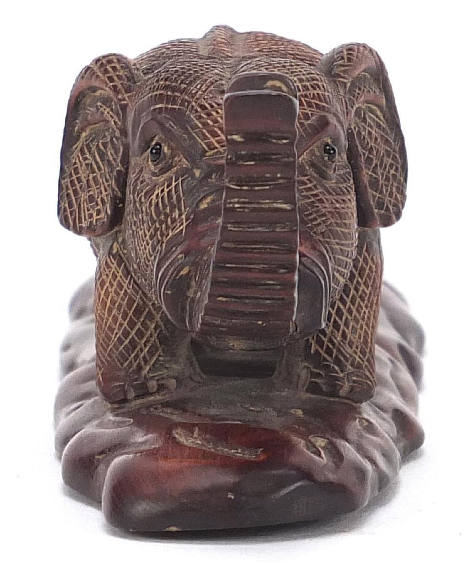 Japanese carved wood okimono of two elephants, inset mother of pearl plaque with character marks - Image 2 of 9