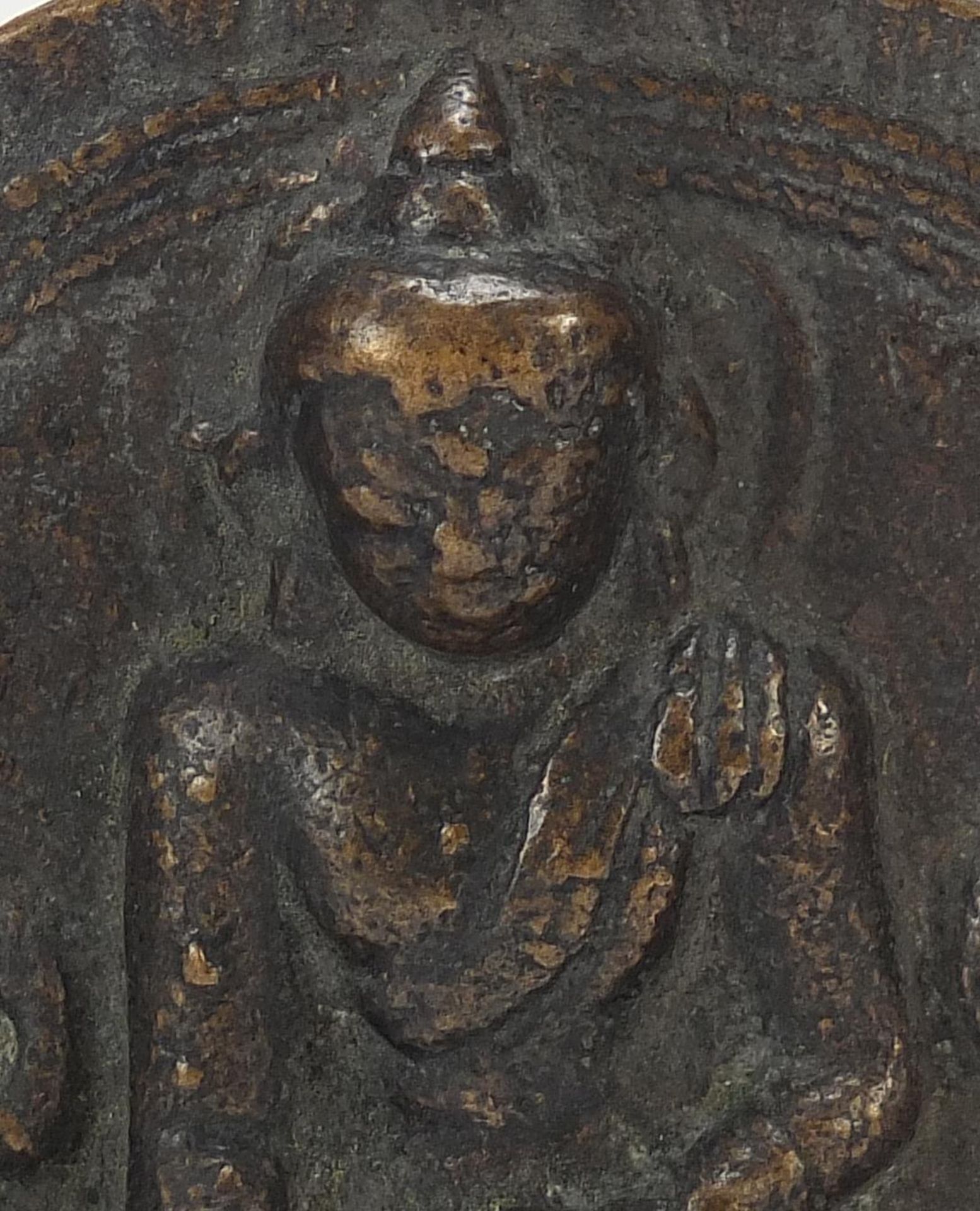 Three Nepalese patinated bronze plaques of Buddha with display stands, the largest 11cm high : - Image 3 of 10