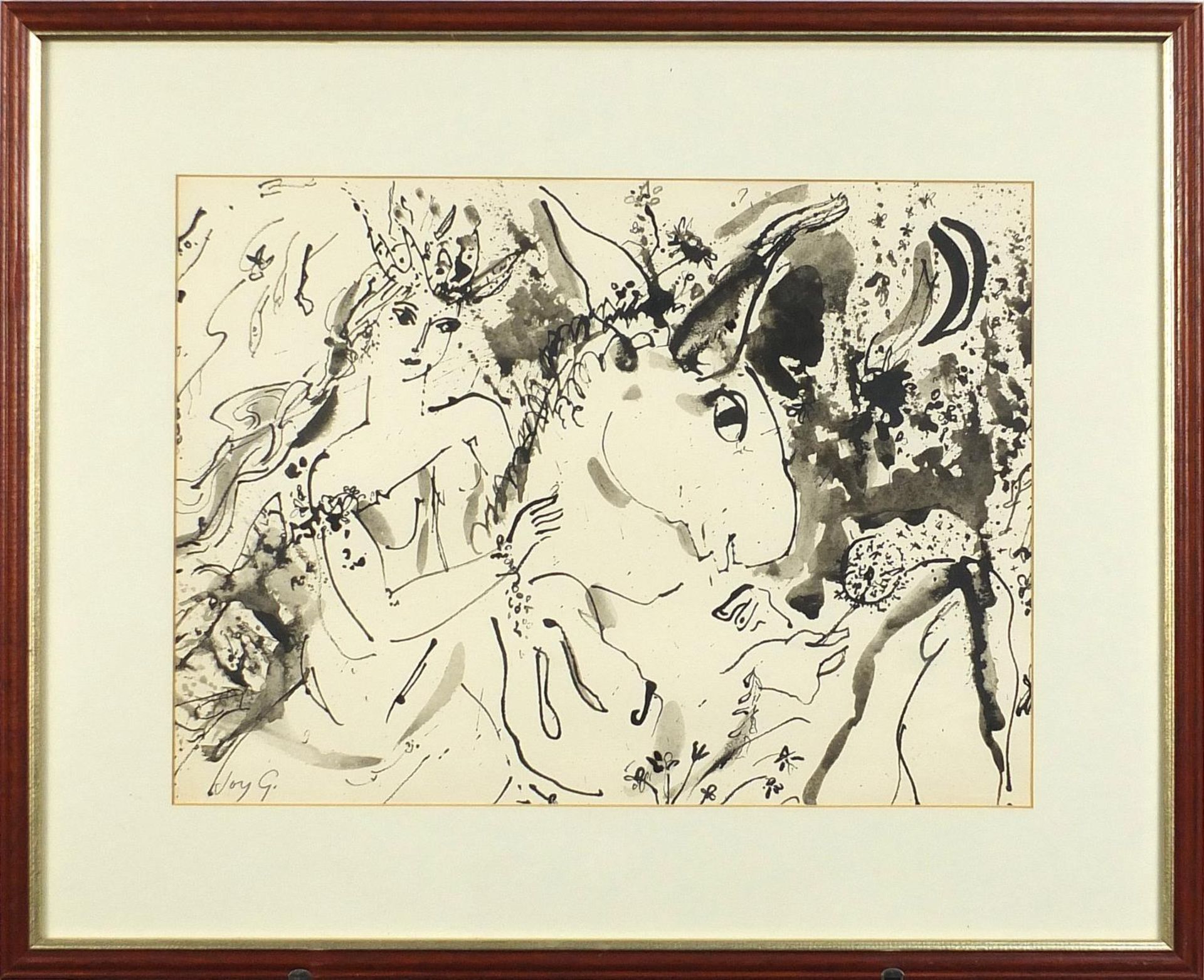 Joy Griffiths - Titania & Bottom, Midsummer Night's Dream, ink, inscribed label verso, mounted, - Image 2 of 5