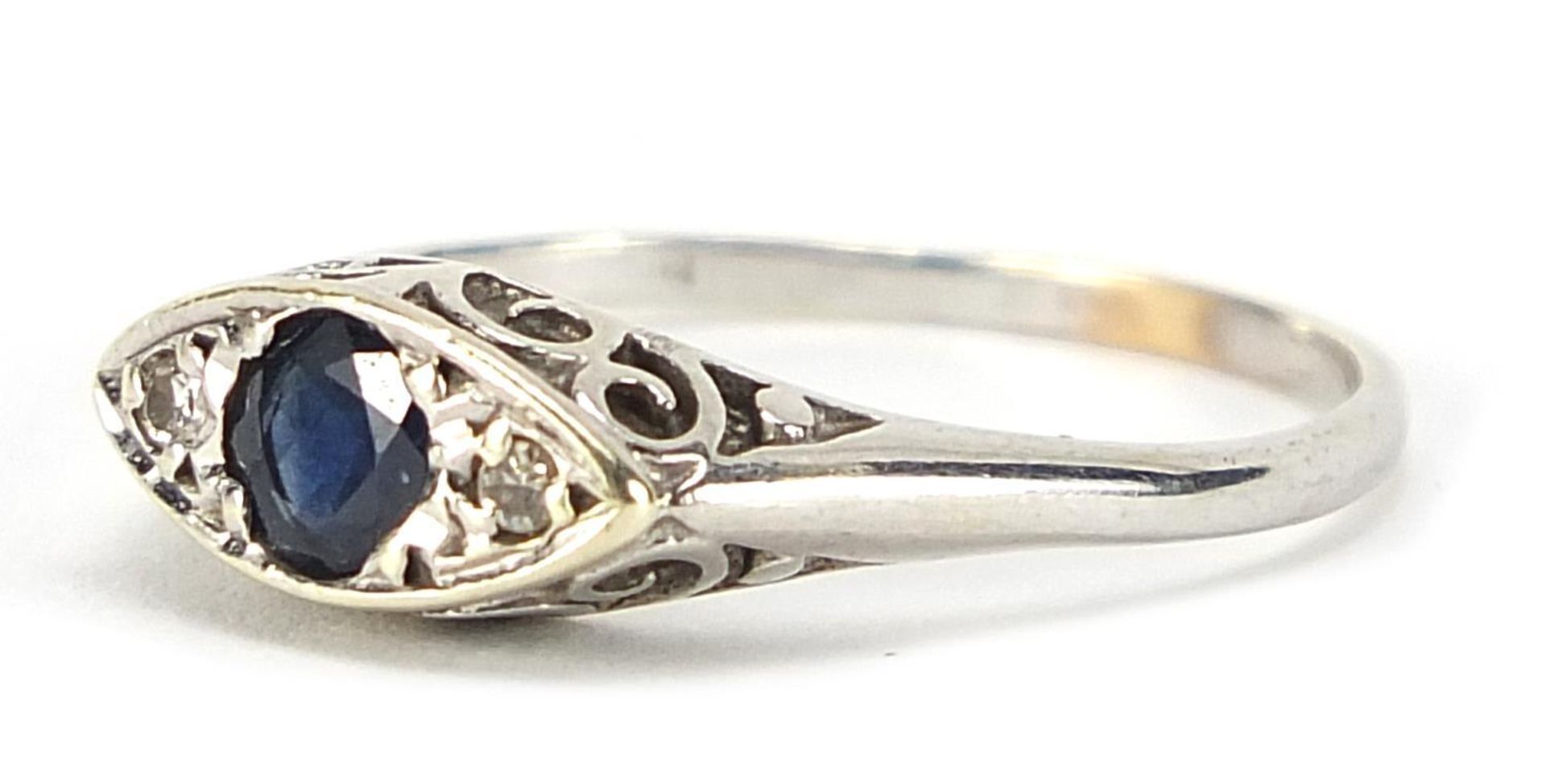 Art Deco unmarked white metal sapphire and diamond ring, size Q, 2.7g : - Image 2 of 6