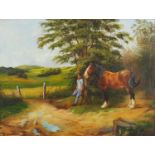 Eileen Blundell - Man with a horse before a landscape, oil on canvas, mounted and framed, 59cm x