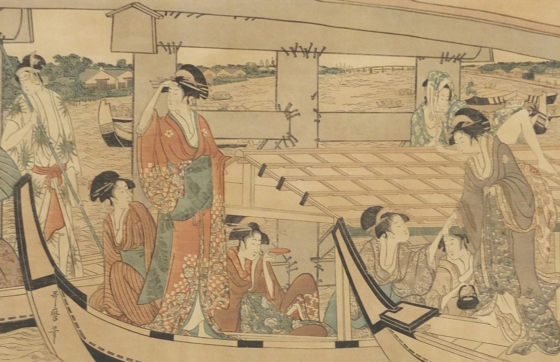 Geishas and scholars, two Japanese watercolours with calligraphy and seal marks, each mounted, - Image 5 of 7