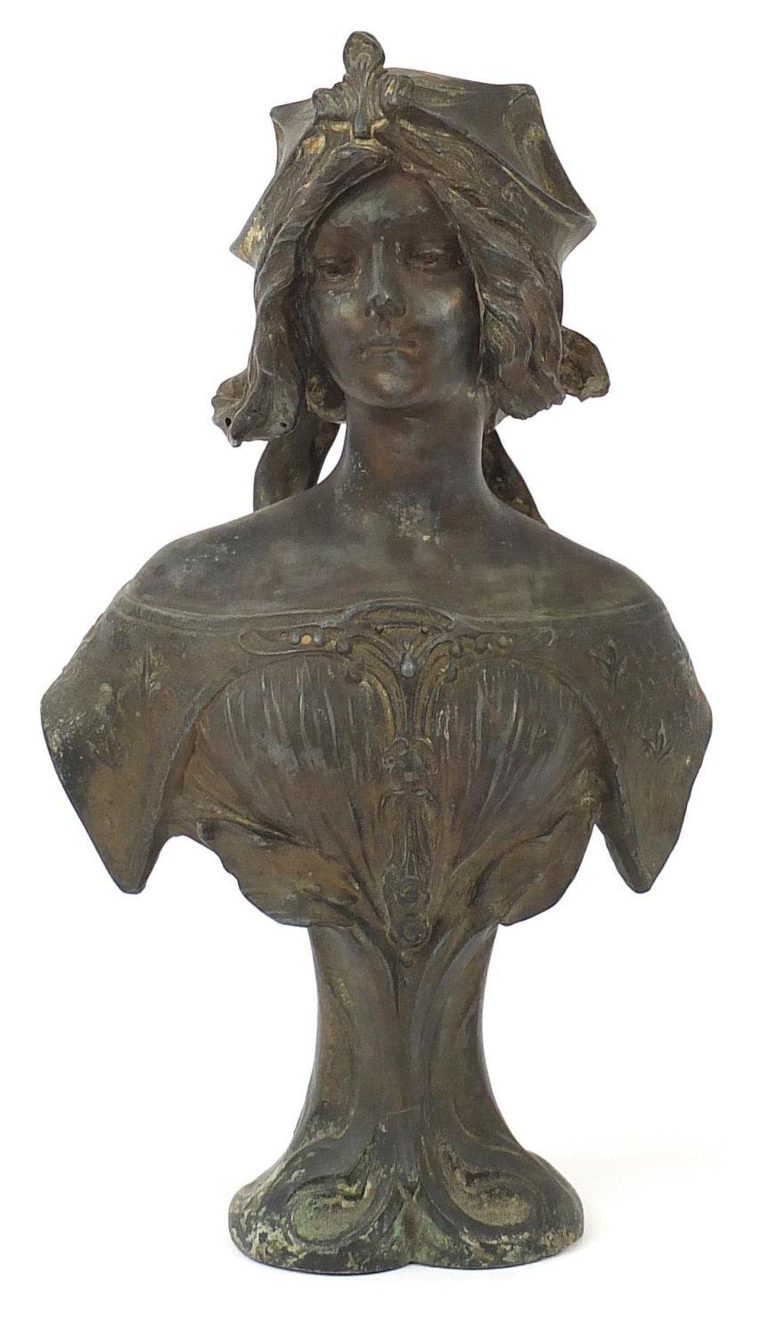 Henry Jacobs, Art Nouveau patinated bronzed bust of a maiden with Napoleon Alliot foundry plaque,