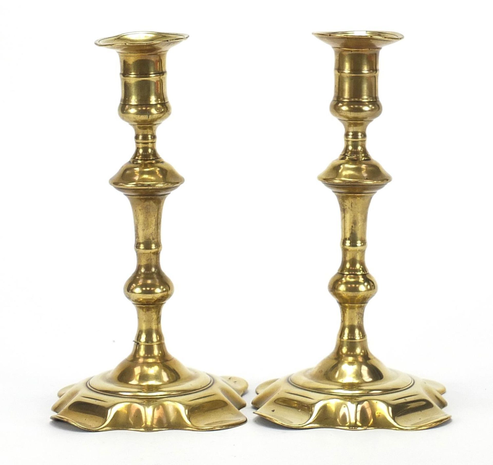 Pair of 18th century brass candlesticks, each 20.5cm high :