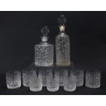 Geoffrey Baxter for Whitefriars, textured glassware comprising two decanters, set of six tumbles and