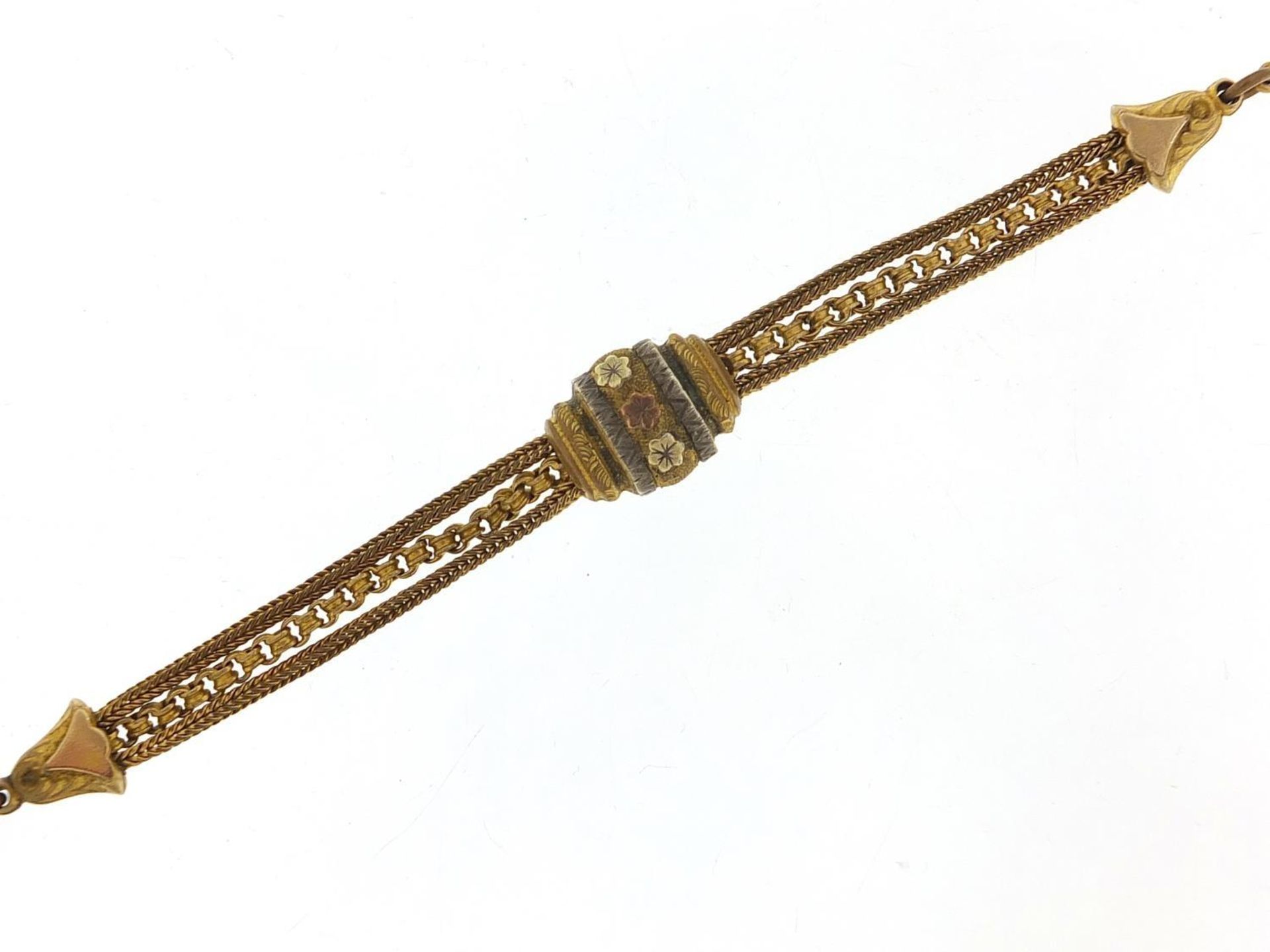 Victorian gold and silver coloured metal watch chain with T bar and tassel, 24cm in length, 13.5g : - Image 2 of 3