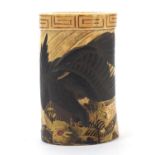 Japanese ivory tusk section lacquered and gilded with two birds of paradise, 9cm high :