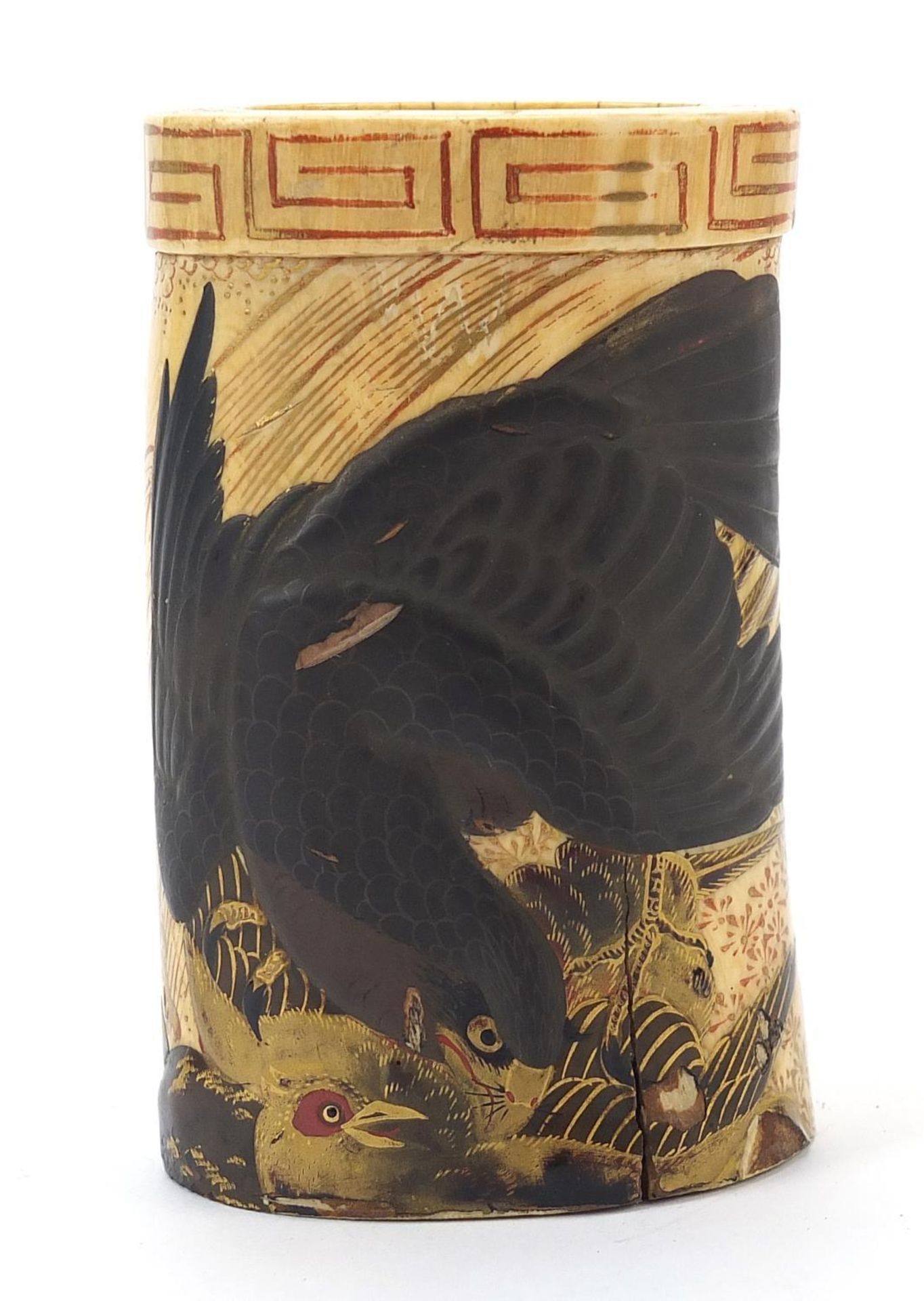 Japanese ivory tusk section lacquered and gilded with two birds of paradise, 9cm high :