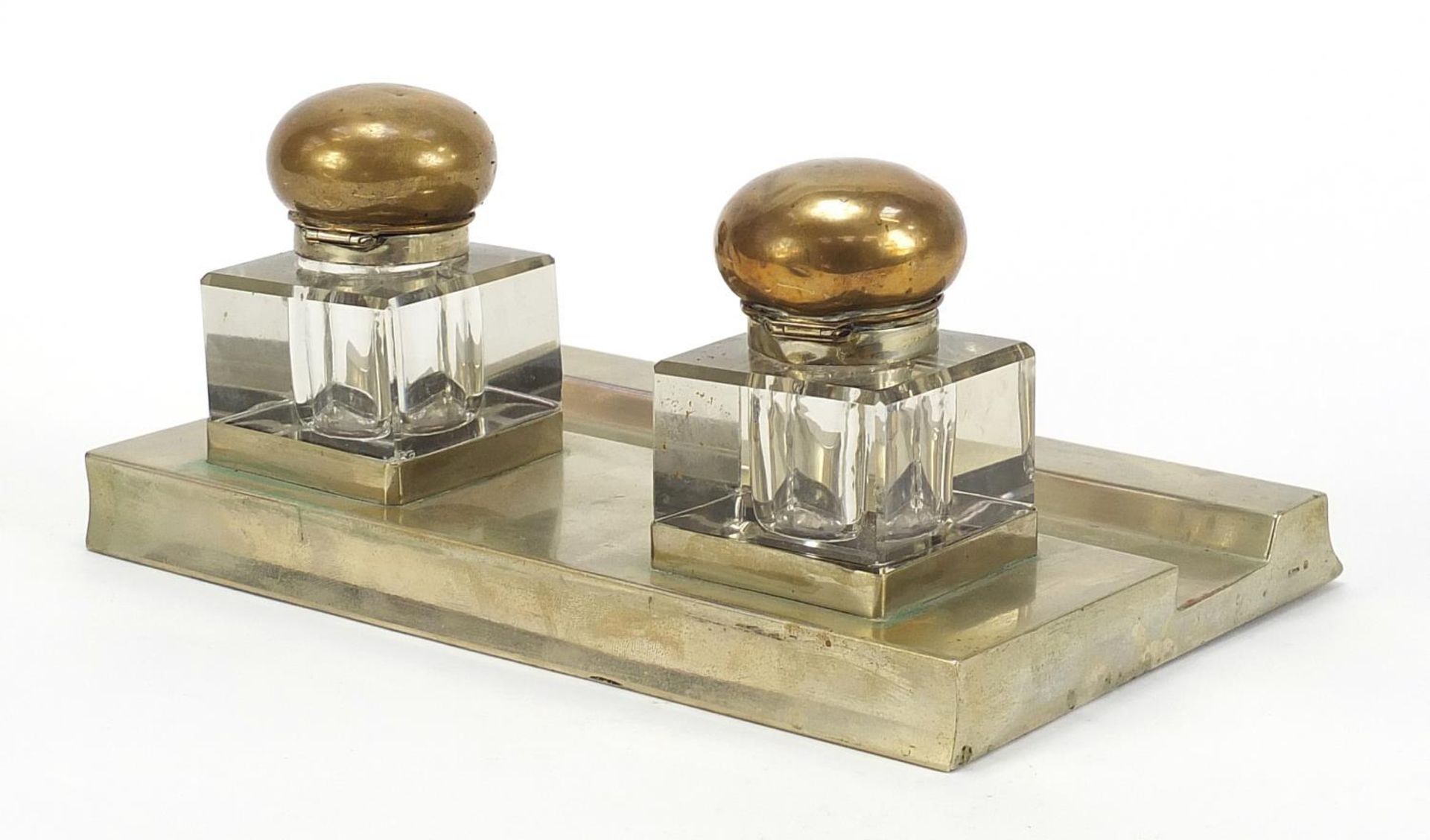 Silver plated desk stand with two glass inkwells, 26cm W : - Image 2 of 3