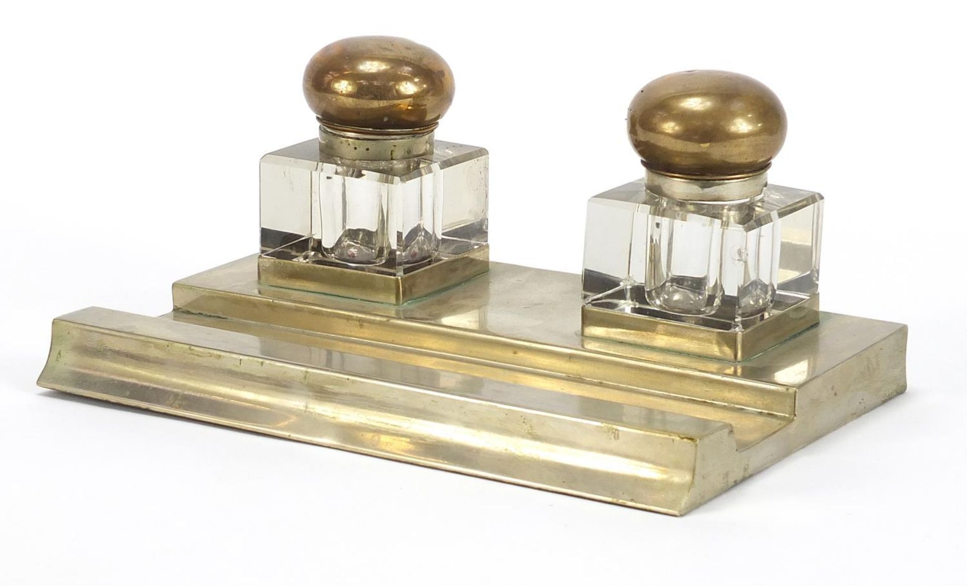 Silver plated desk stand with two glass inkwells, 26cm W :