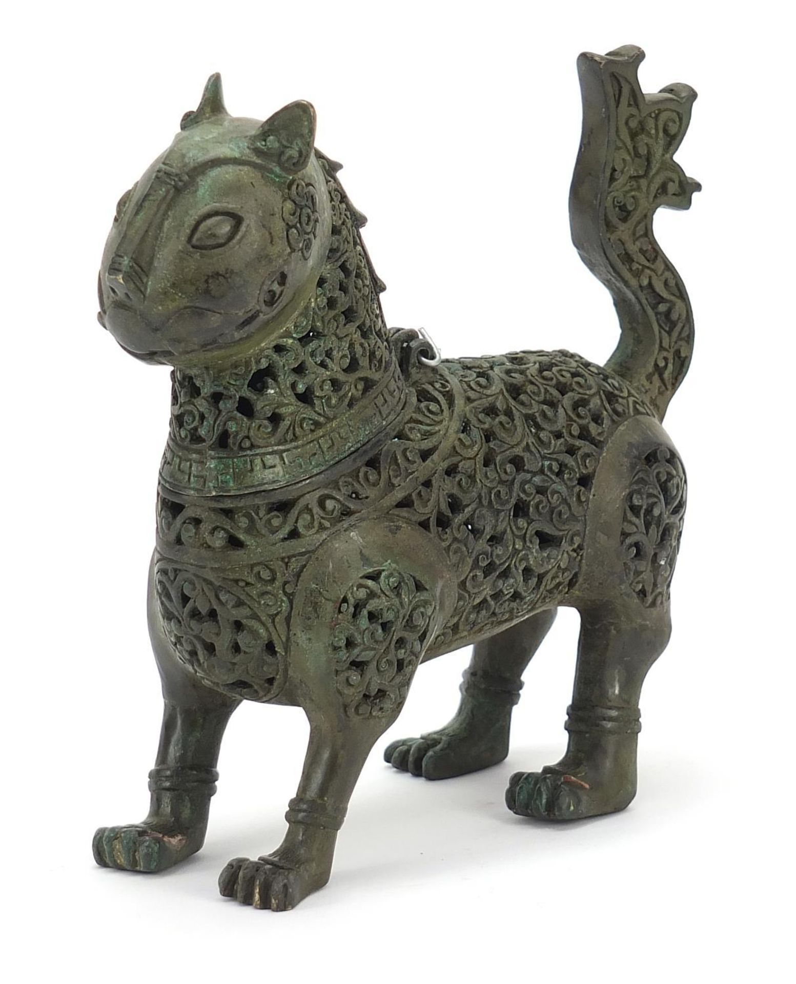 Islamic Verdigris bronze mythical animal incense burner with articulated head, 18cm in length :