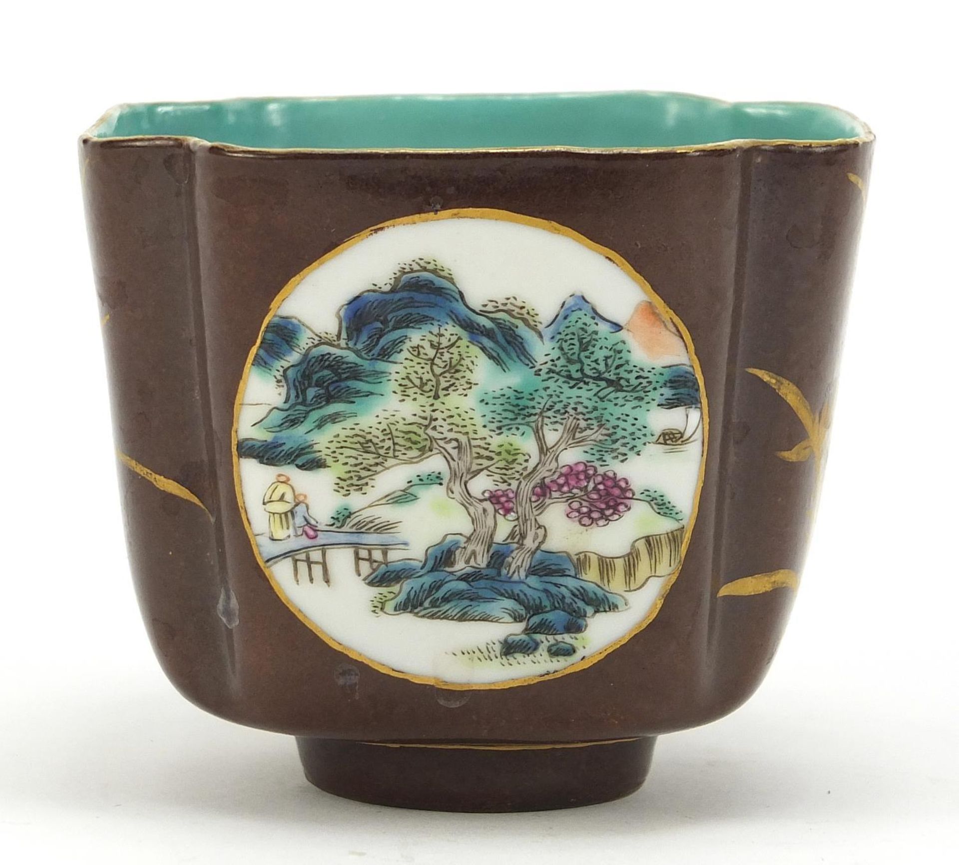 Chinese quatrefoil brown ground porcelain footed bowl hand painted with panels of landscapes and - Image 4 of 9
