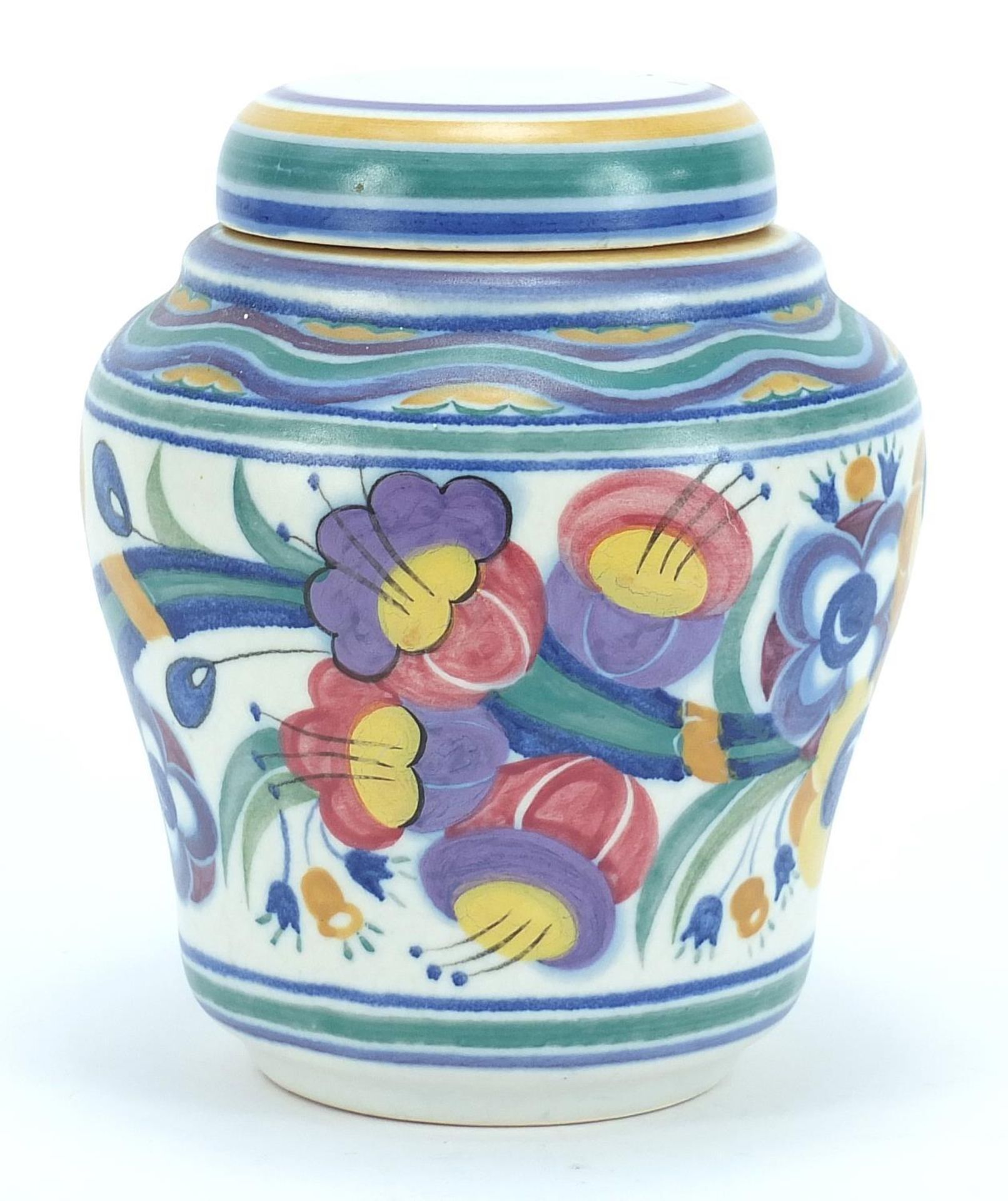 Poole Carter, Stabler & Adams baluster jar and cover, hand painted with flowers, 18cm high : - Image 2 of 5