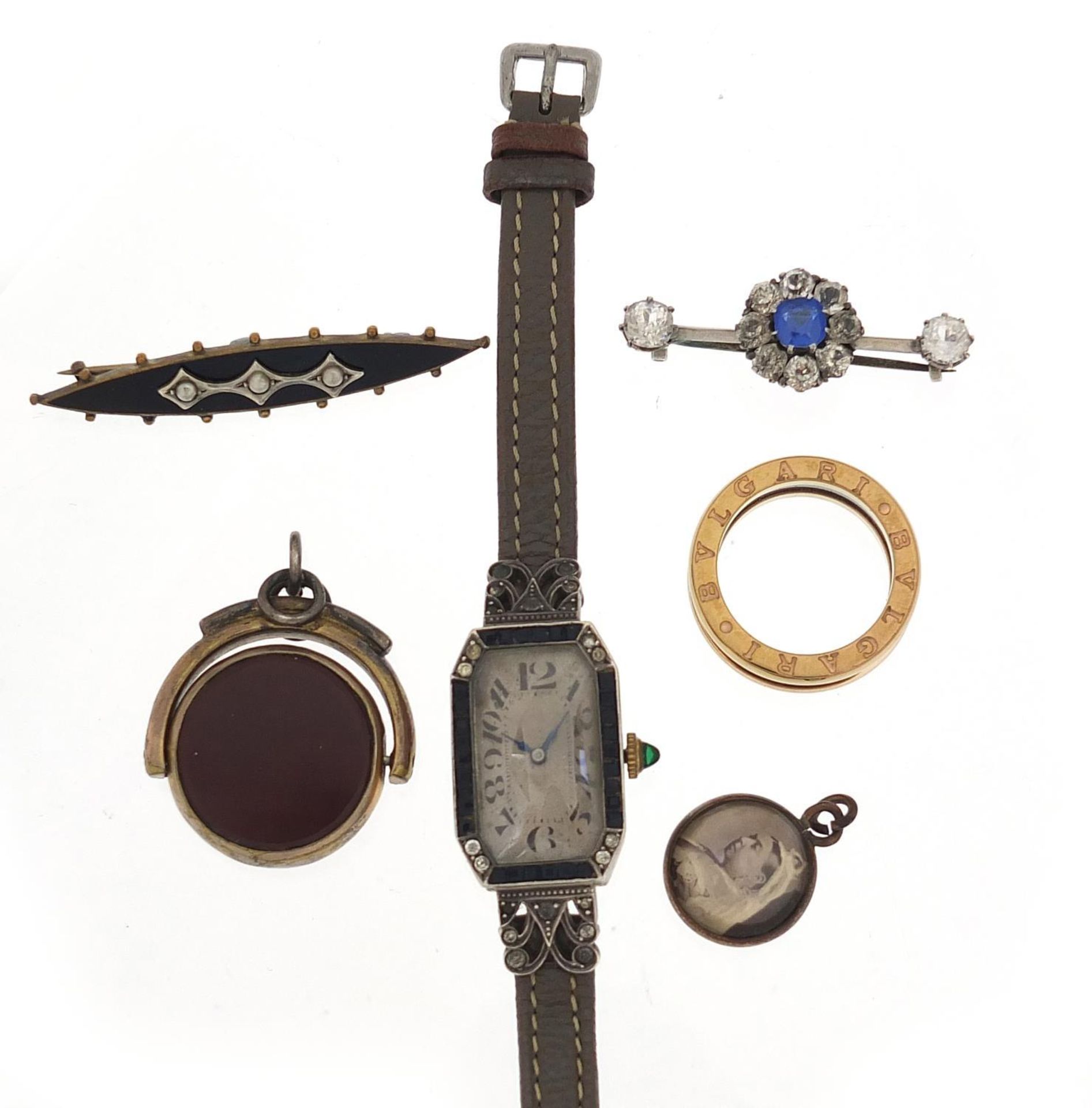 Antique and later jewellery including a ladies' Art Deco cocktail watch, blue and white paste bar - Image 2 of 4