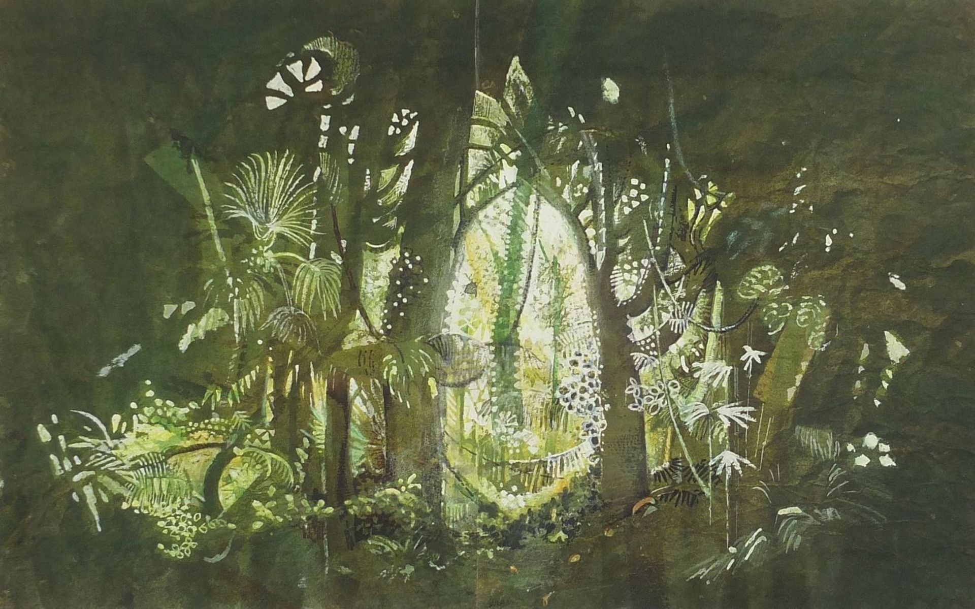 Peter Rice - Back cloth for Jungle scene, watercolour illustration, details verso, mounted, framed