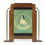 Art Deco oak fire screen depicting a young oriental female, 59cm high x 58.5cm wide :