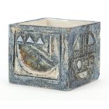 Troika St Ives Pottery cube vase hand painted and incised with an abstract design, 8cm high x 9cm