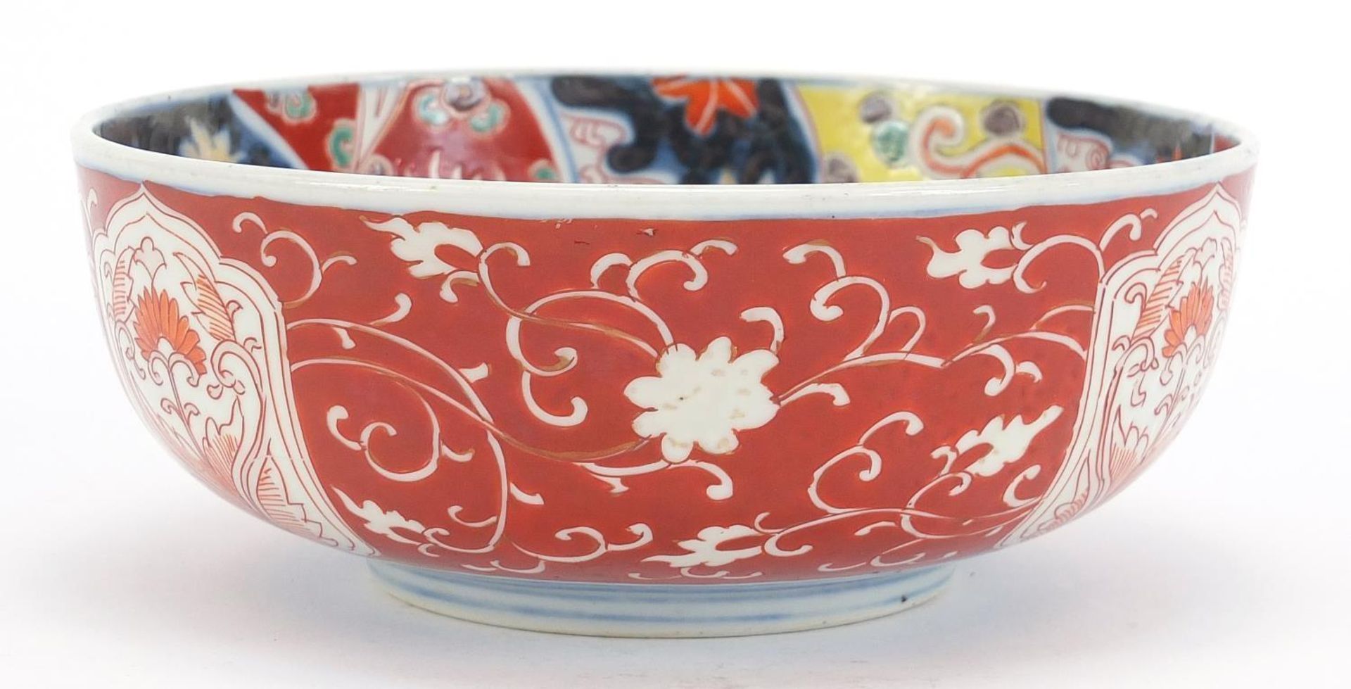 Japanese Imari comprising a pair of chargers hand painted with flowers and landscapes and a bowl, - Image 8 of 11