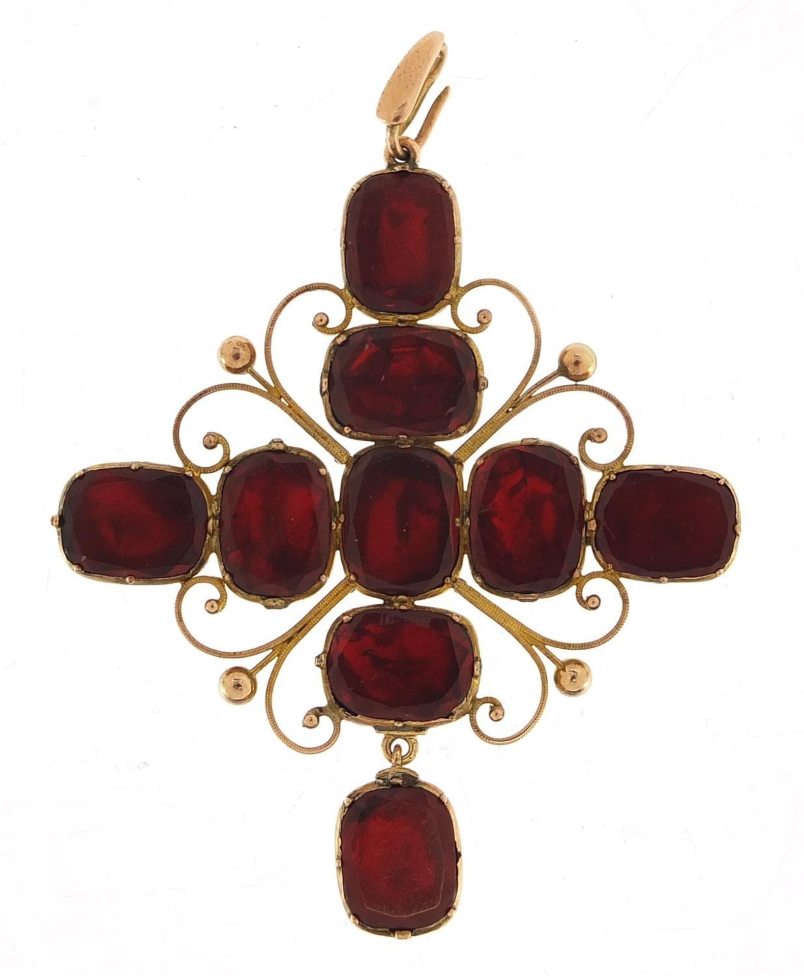 Large antique gold coloured metal red stone pendant, possibly garnet, 7cm high, 11.5g :