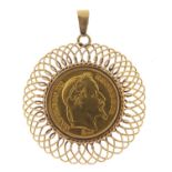 French 1861 twenty franc gold coin with unmarked gold pendant mount, (tests as 9ct gold) 4.5cm high,