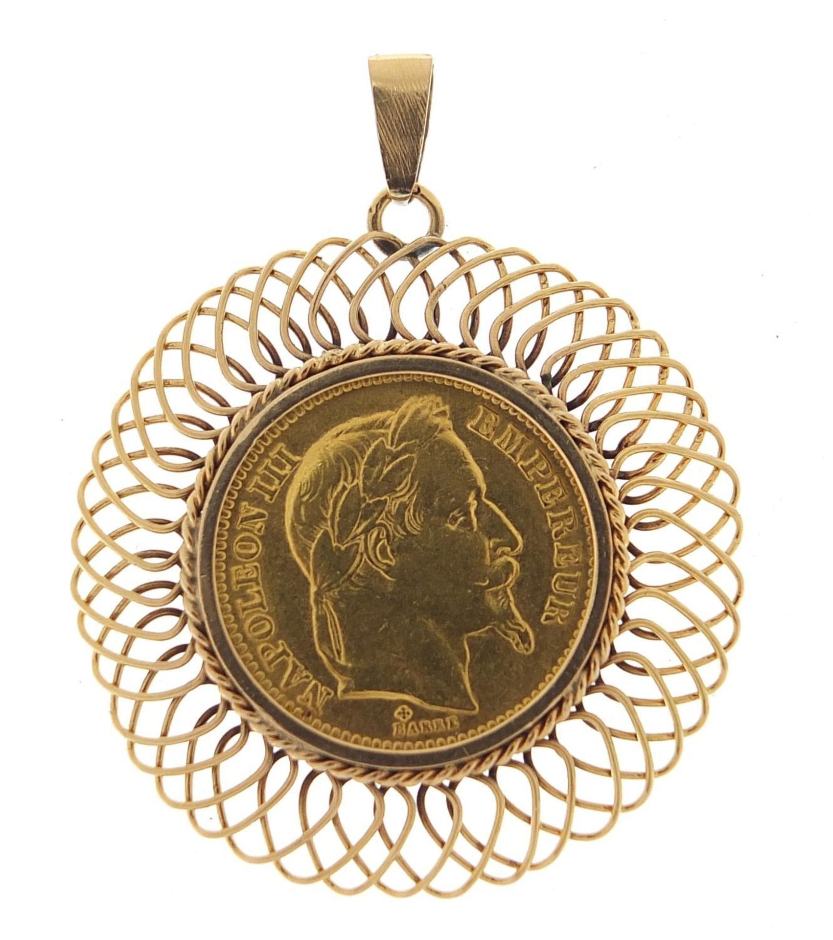 French 1861 twenty franc gold coin with unmarked gold pendant mount, (tests as 9ct gold) 4.5cm high,