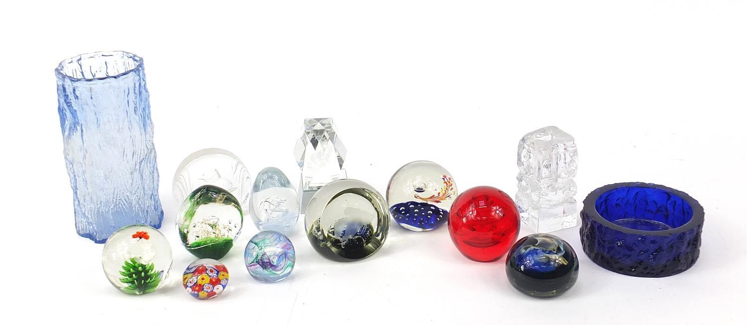 Art glassware including Caithness and Millefiori paperweights, the largest 20.5cm high :