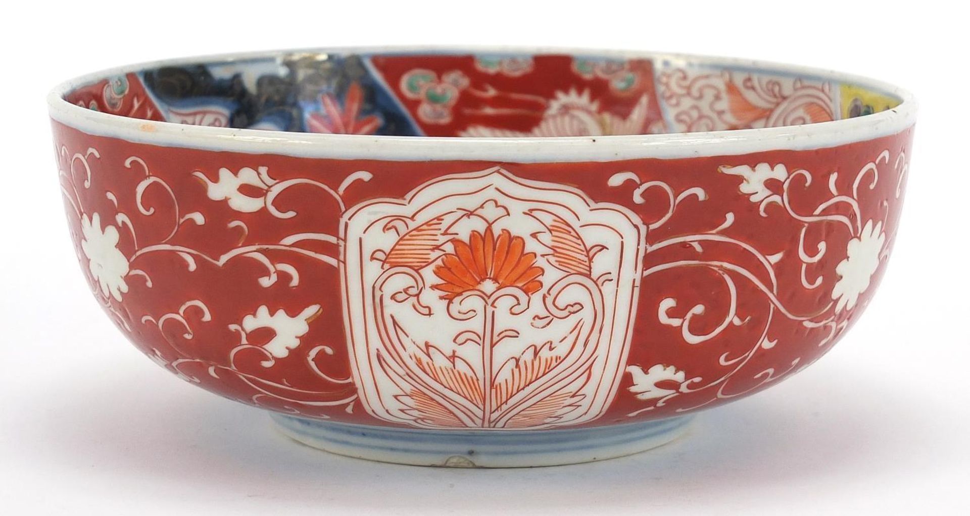 Japanese Imari comprising a pair of chargers hand painted with flowers and landscapes and a bowl, - Image 5 of 11