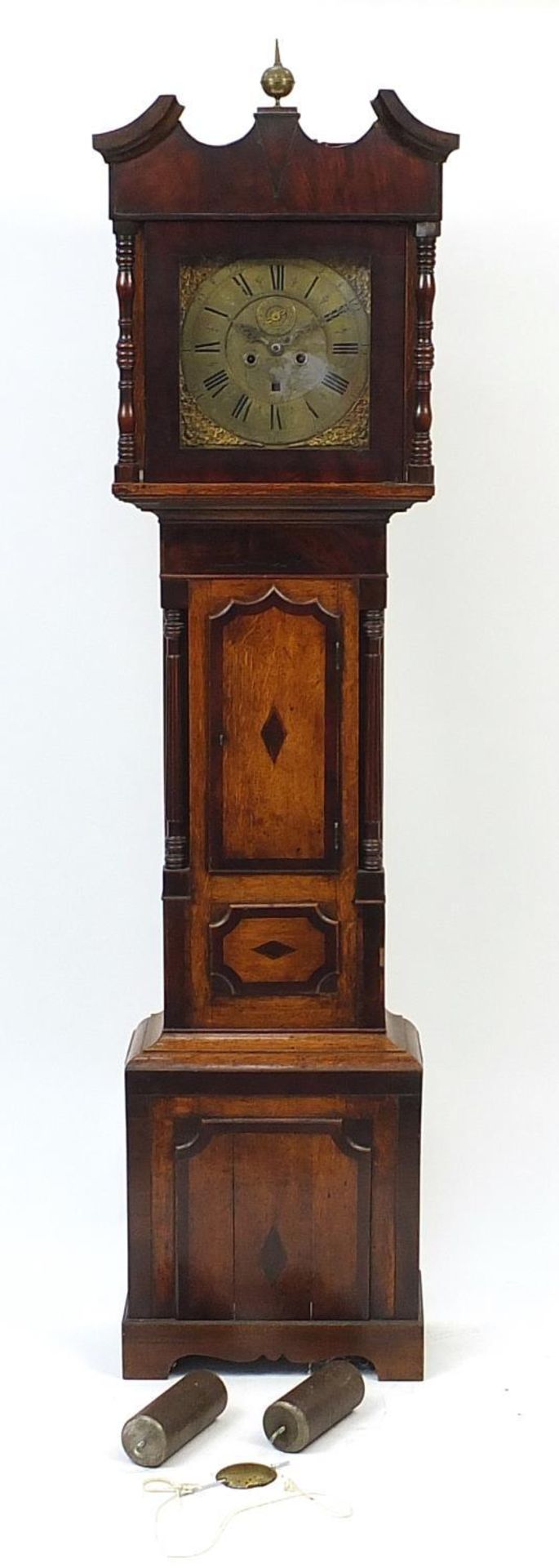 Early 19th century mahogany and oak longcase clock with brass face and subsidiary dial, the circular