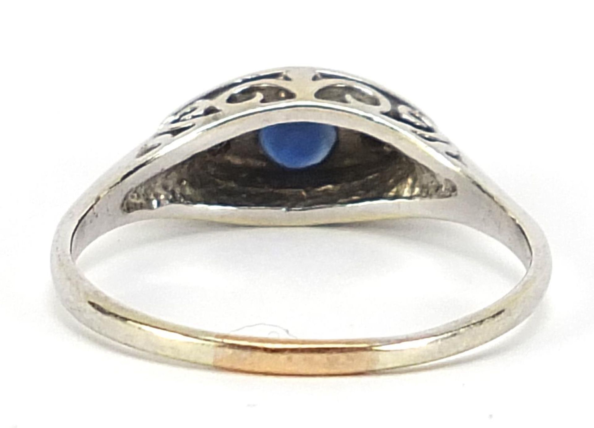 Art Deco unmarked white metal sapphire and diamond ring, size Q, 2.7g : - Image 4 of 6