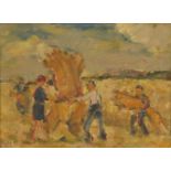 Haymaking, oil on board, stamp verso, mounted and framed, 23cm x 16cm excluding the mount and