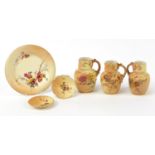 Royal Worcester blush ivory comprising three jugs, pair of dishes and a side plate, each decorated