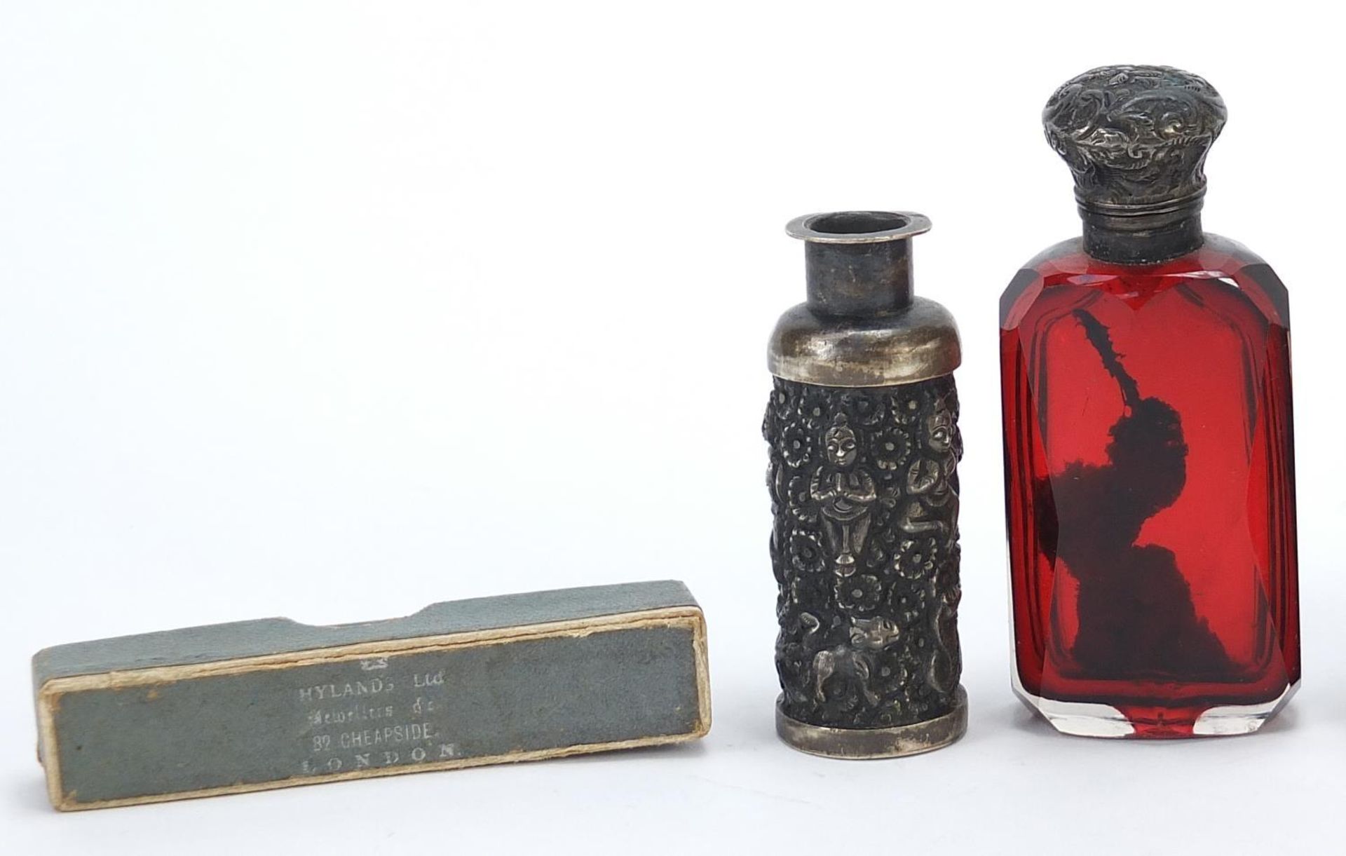 Antique and later silver objects including a Victorian ruby glass scent bottle with silver lid, - Image 2 of 4