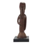 Large African tribal interest carved wood figure of a tribesman raised on an ebonised block base,